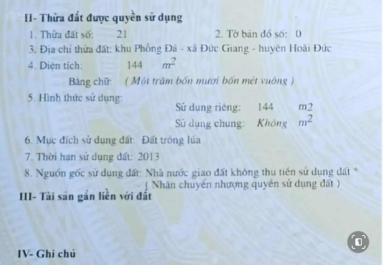 Bán lô đất tại Phỗng Đá, Hoài Đức. Diện tích 144m2, giá 2 tỷ