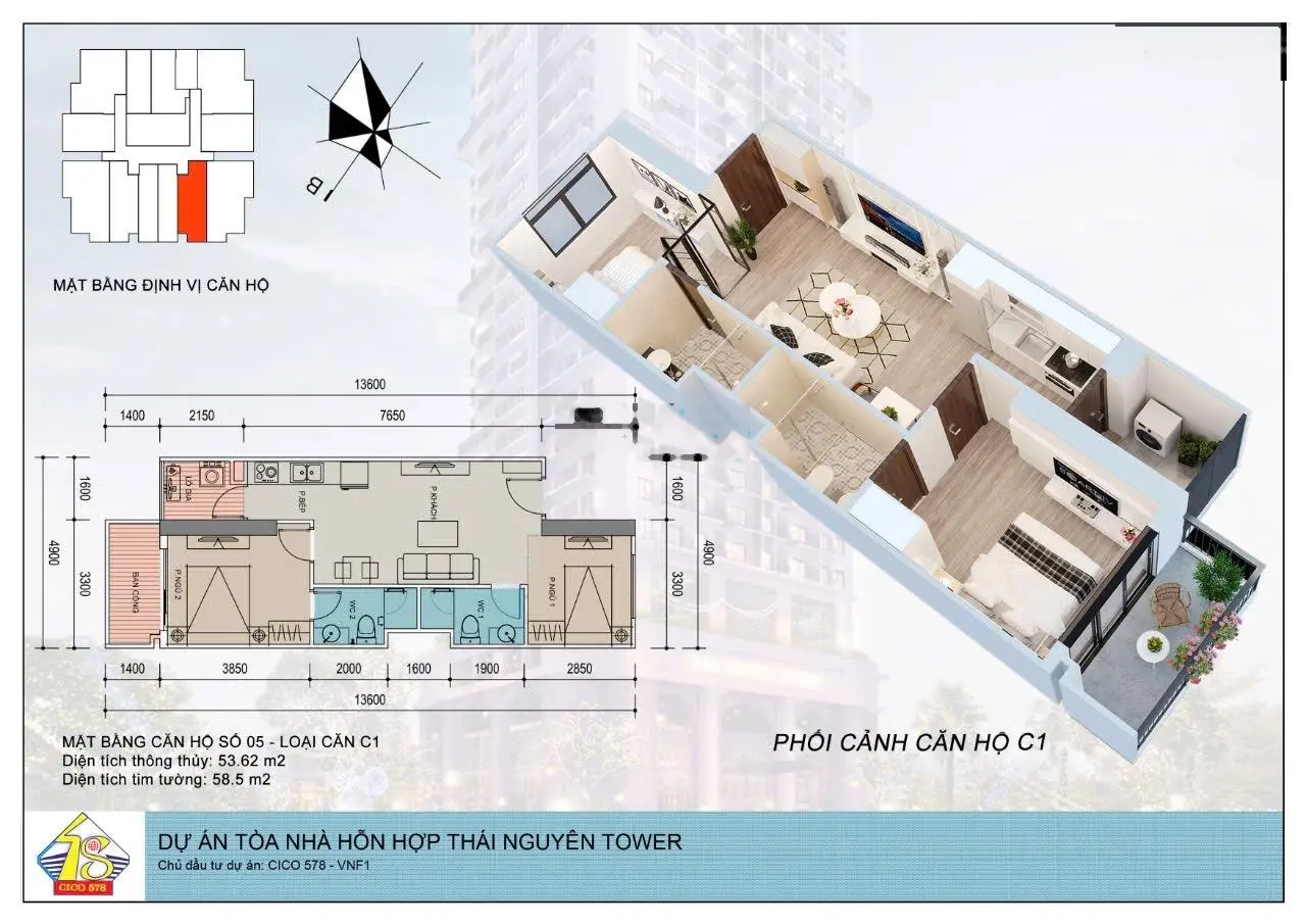Thái Nguyên Tower bán căn 05 53.7m 2PN 2WC giá 24tr/m2