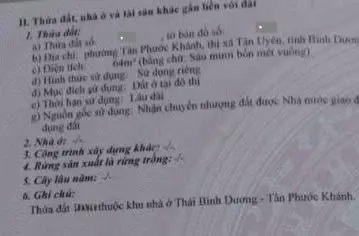 Bán nhà 1 trệt 1 lầu + 1 Tum DT 64m2 Giá 890tr Ngay KDC Thái Bình Dương Tân Phước Khánh Tp.Tân Uyên