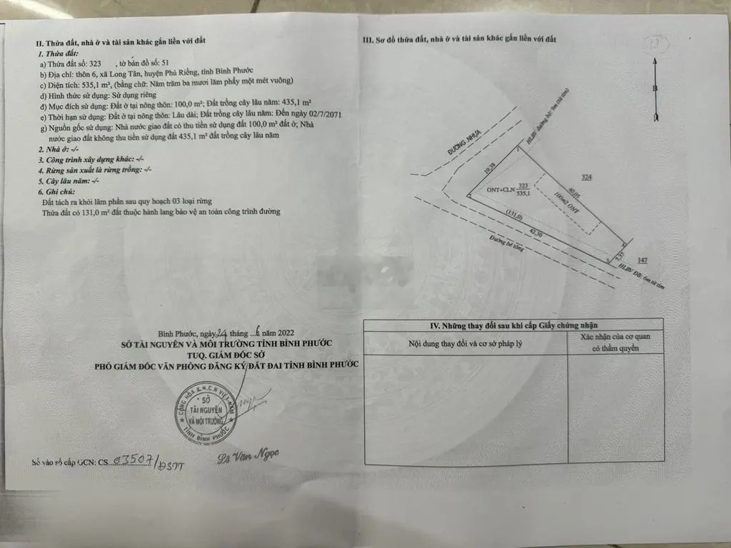 Bán lô 535m2 đất thổ cư 2 mặt tiền đường nhựa tại TTHC giá 190trđ