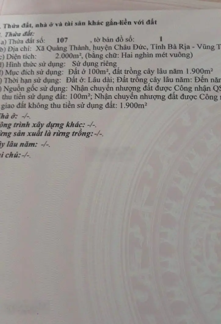 Bán đất 2000m2 có 100m2 thổ cư, ngay khu dân cư gần trường Trương Định, TL765B, Quãng Thành, BRVT