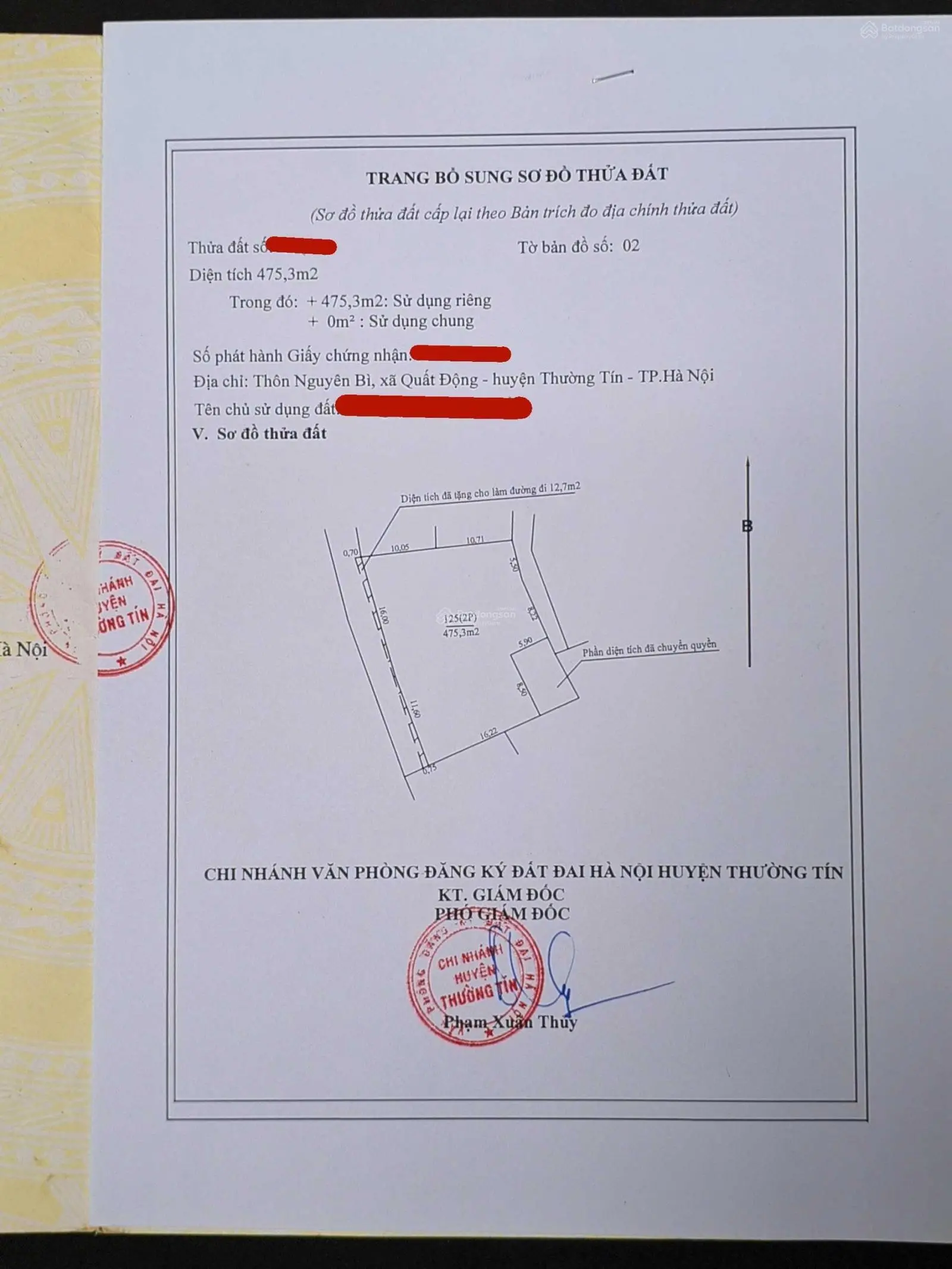 Bán đất thổ cư 525 m2 (full - 100%) tại thôn Nguyên Bì (Quất Động, Thường Tín)