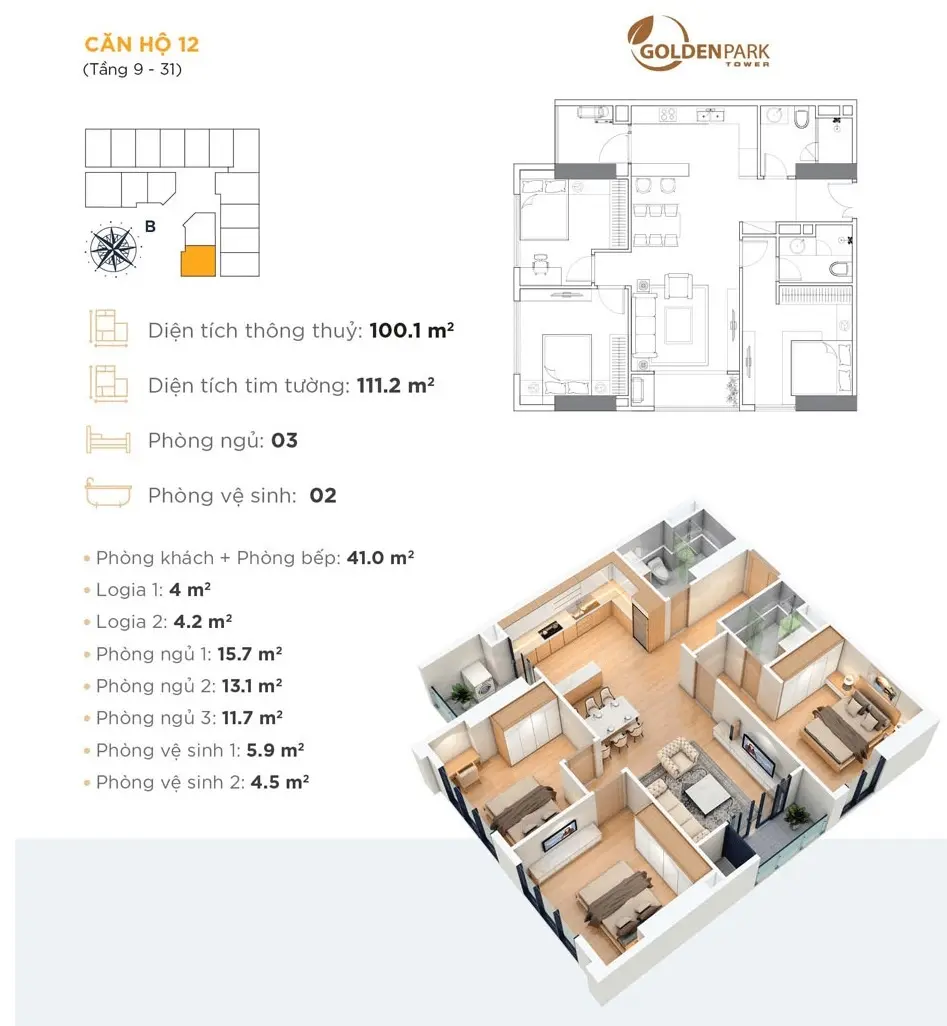 Bán căn 03 phòng ngủ góc hướng đông nam cực hiếm tại Golden Park Tower