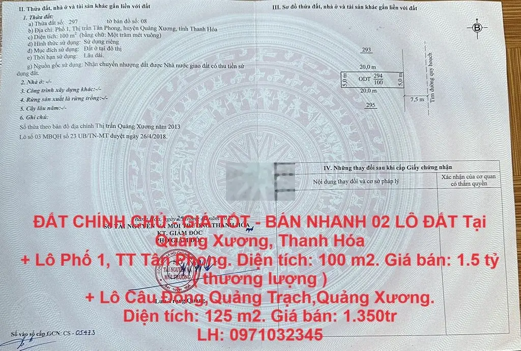 ĐẤT CHÍNH CHỦ - GIÁ TỐT -BÁN NHANH 02 LÔ ĐẤT Tại Quảng Xương,Thanh Hóa