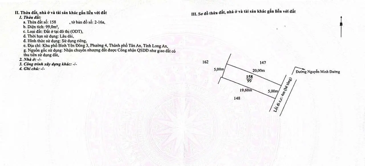 Bán đất thổ đường 8m hẻm QL 1A và Nguyễn Minh Đường thuộc Phường 4, TP Tân An, DT: 5 x 20m