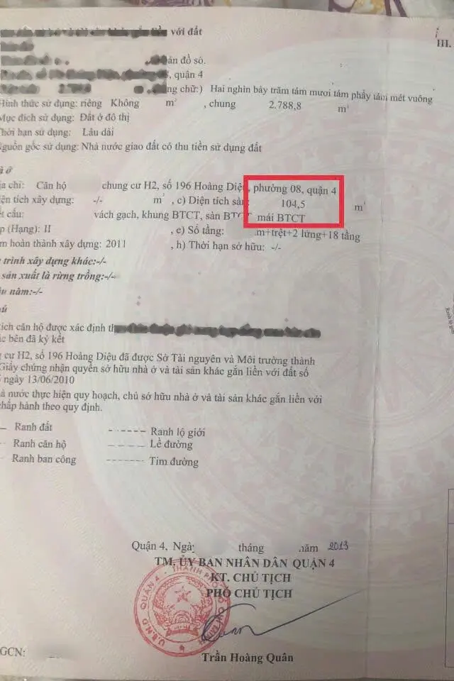 4,3 tỷ - Cao ốc H2 Hoàng Diệu Q4 - 104,5m2 3PN sổ sẵn công liền, hỗ trợ NH gần cầu Ông Lãnh