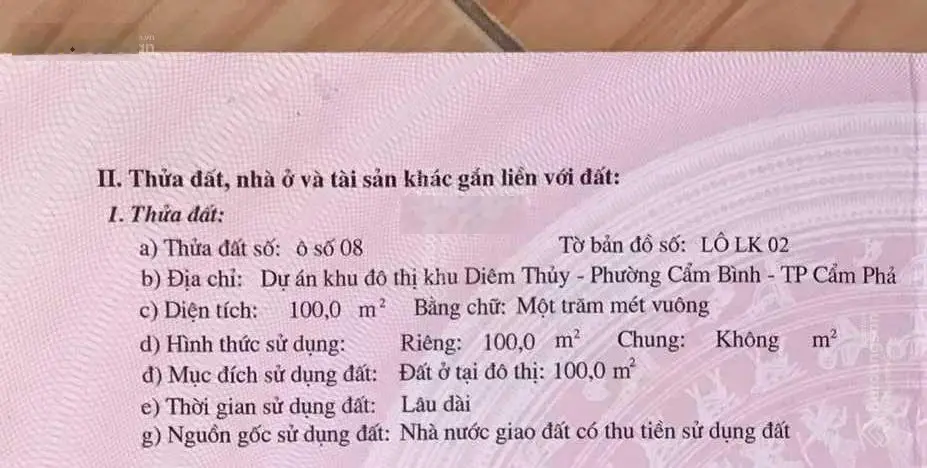 Cần tiền bán cắt lỗ 100m2 đất thổ cư sạch tại Khu đô thị Diêm Thủy - Cẩm Bình - Cẩm Phả - QN