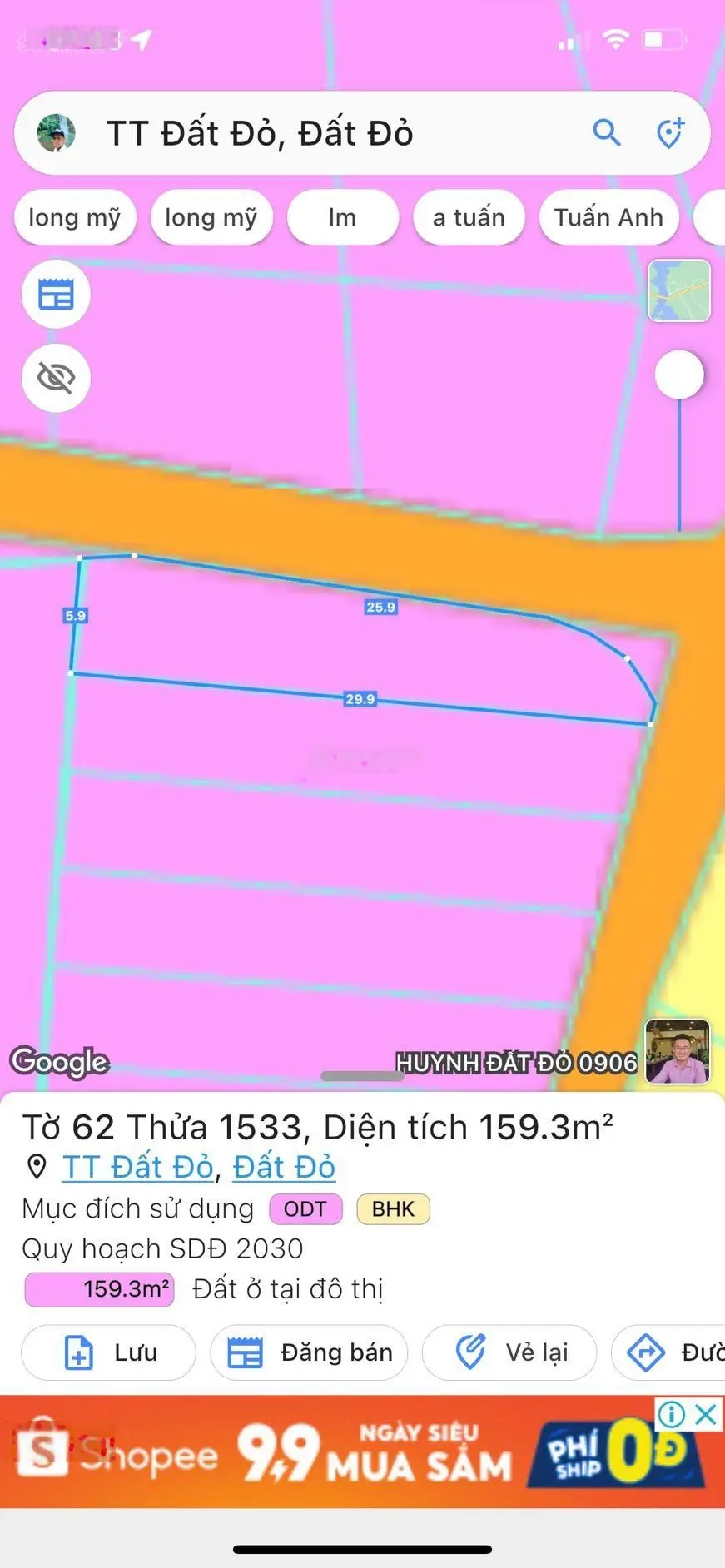 Đất hai mặt tiền thị trấn đất đỏ 159m sẳn 60m tc