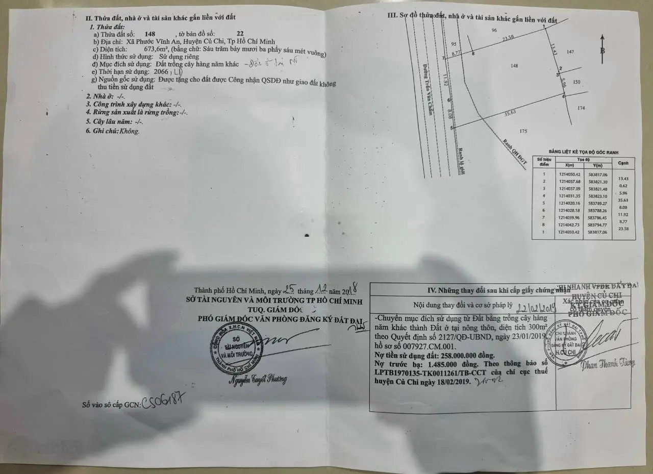 Bán đất MT Trần Văn Chẩm DT=20x35m thổ cư 300m2 vị trí đẹp đất cách đường Tỉnh Lộ 8 khoảng 400m