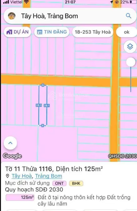 Bán đất sổ riêng thổ cư 125m2 xã Tây Hòa, Trảng Bom, Dong Nai