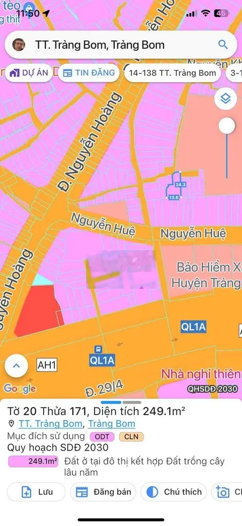 Nhà sổ r full thổ cư 250m2,trung tâm thị trấn trảng bom,đ nguyễn huệ