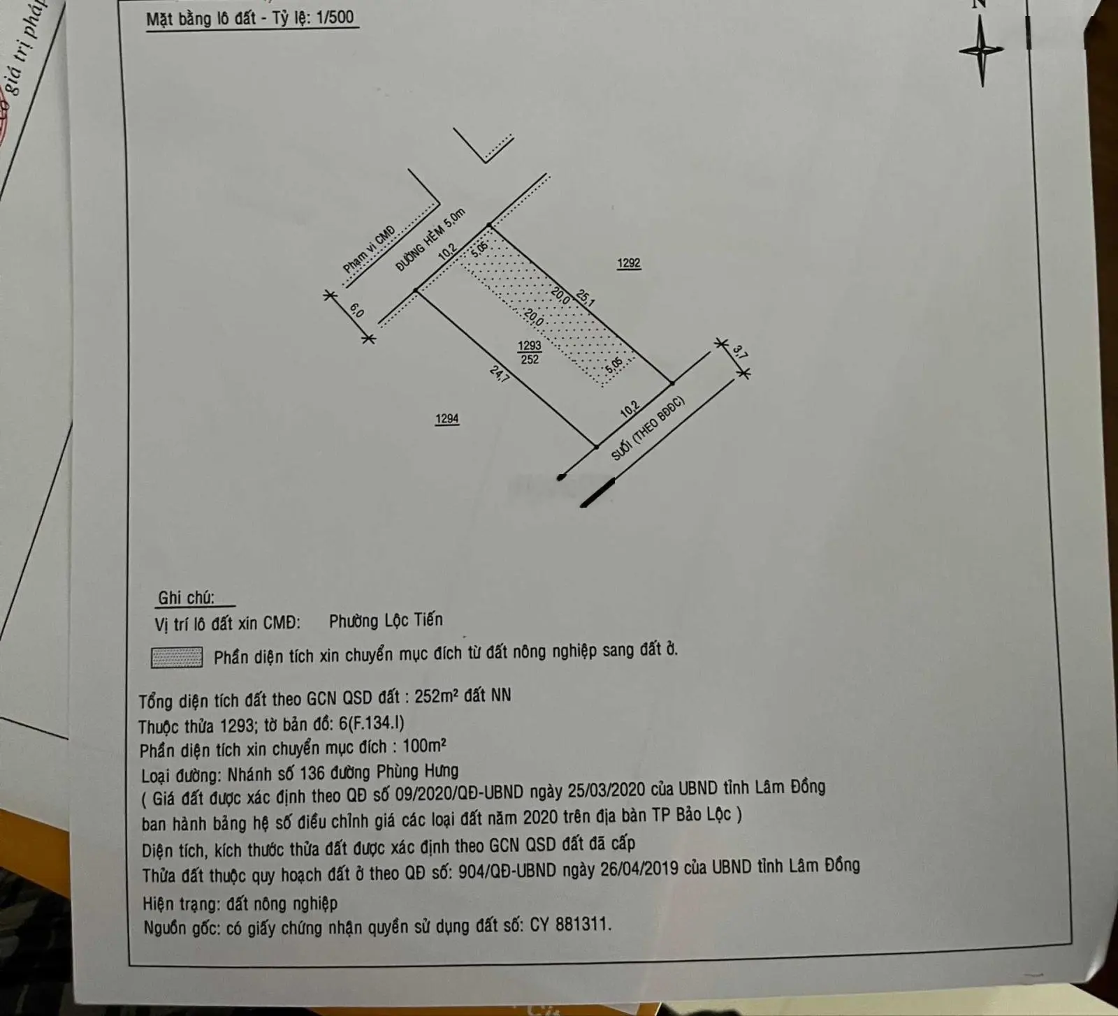 Gia đình bán Phường Lộc Tiến- 252m2 (ngang 10,2*25m) 100m2 thổ cư- có suối phía sau- giá 1 tỷ 85