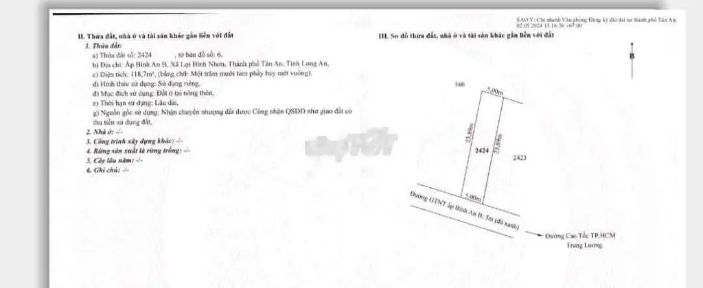 Bán 2 lô đất thổ ở Ấp Bình An B, Lợi Bình Nhơn, TP Tân An_ 5x23.9m2