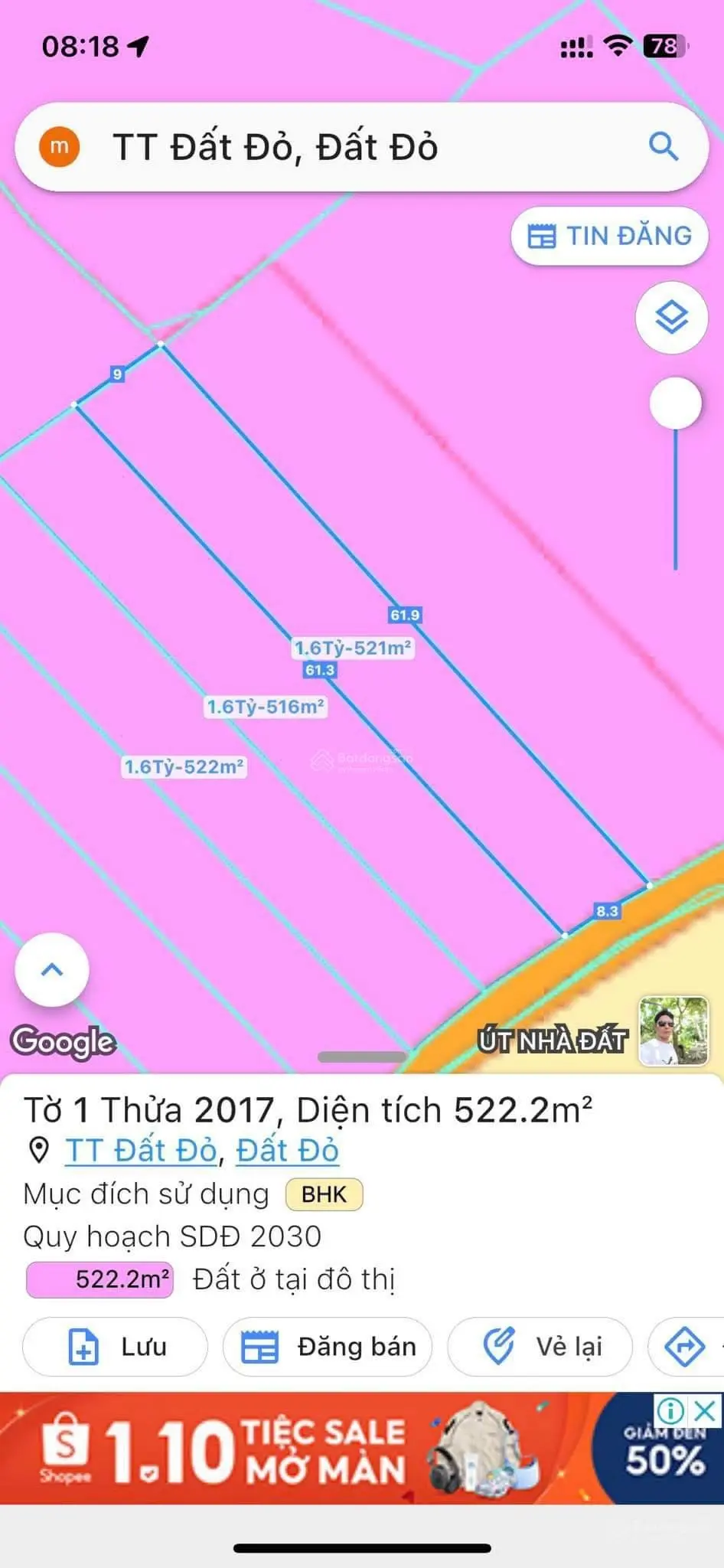 Bán đất chính chủ hơn 500m2 TC 100m, trung tâm thị trấn Đất Đỏ, giá lỗ chỉ 1 tỉ 6