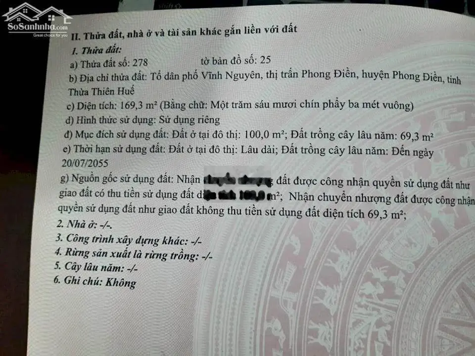 BÁN LÔ ĐẤT 169,3M2- THỊ TRẤN PHONG ĐIỀN - HUYỆN PHONG ĐIỀN - HUẾ