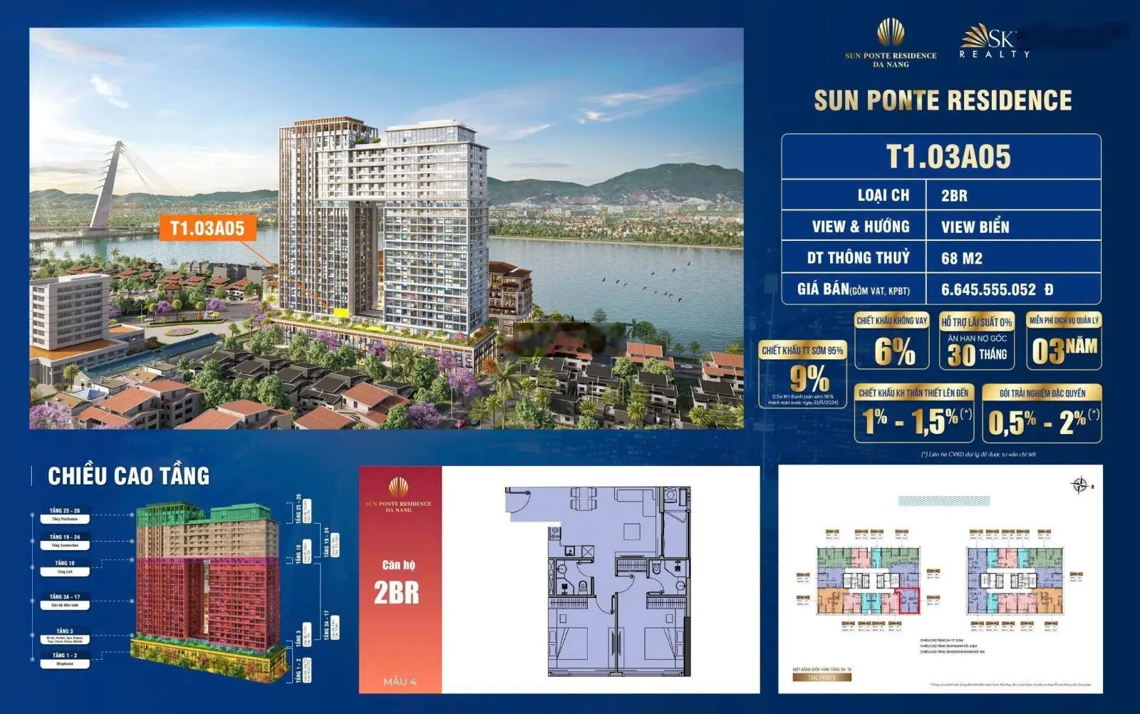 Giỏ hàng thanh khoản chỉ 1,3 tỷ/căn hộ Ponte giá cực sốc, vị trí ngay cầu rồng trung tâm tp đà nẵng