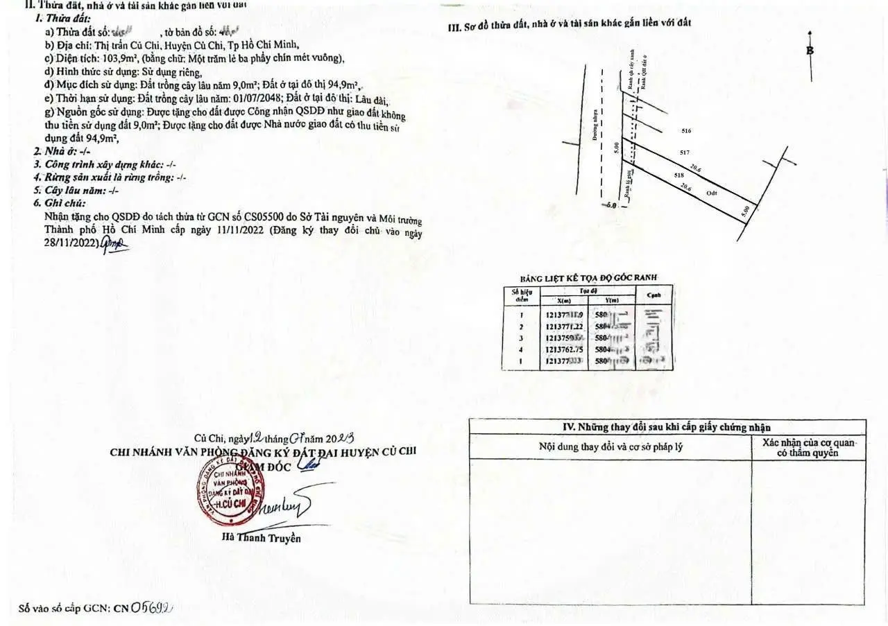 Bán 104m2 đất thị trấn Củ Chi, sổ hồng riêng đường 10m dân cư sầm uất, giá 1 tỷ còn bớt