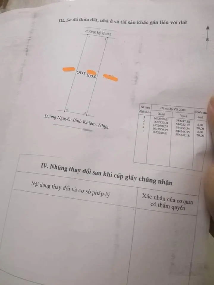 Mặt tiền đường Nguyễn Bỉnh Khiêm, diện tích 5x20=100m2, khu Cán bộ tỉnh, An Ninh, dân trí cao.