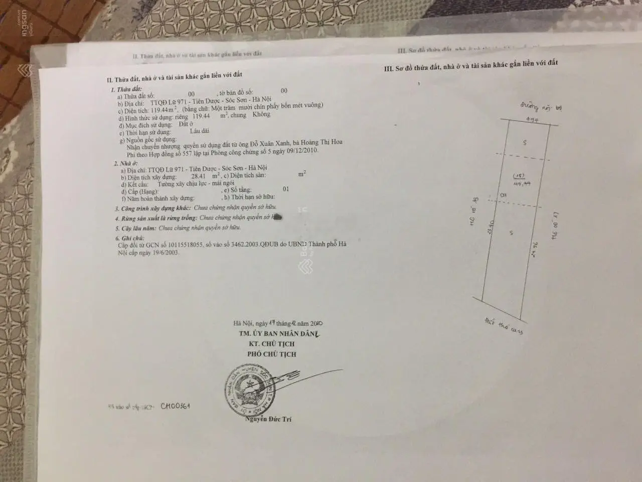 119,44m2 TTQĐ 971 Tiên Dược - Sóc Sơn - Hà Nội. Đường rộng 7m, cách đường Ql3 100m