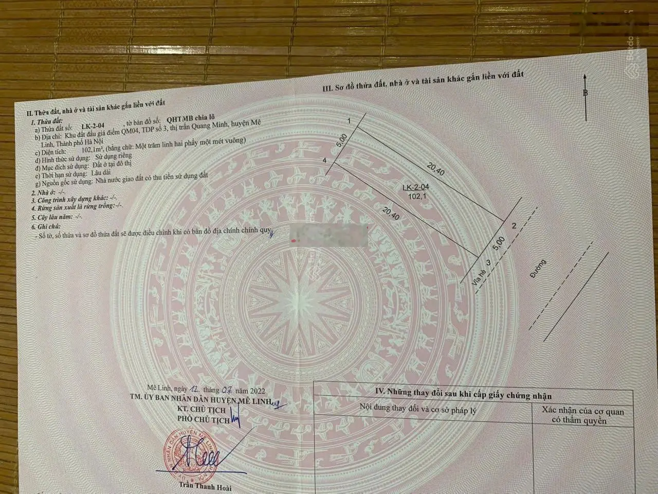 Lô đất có 1 0 2 tại tổ 4 TT Quang Minh - Mê Linh - Hà Nội
