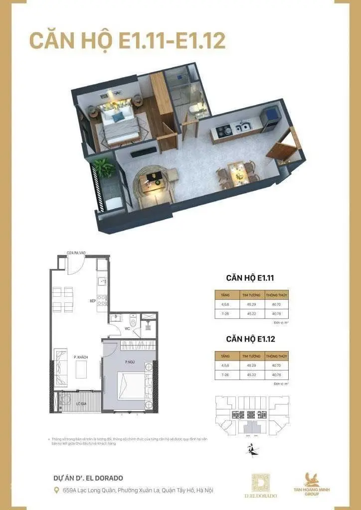 4.2 tỷ căn 1PN / 45m2, full nội thất view Hồ Tây duy nhất tại dự án D'. El Dorado 1 (Phú Thượng)