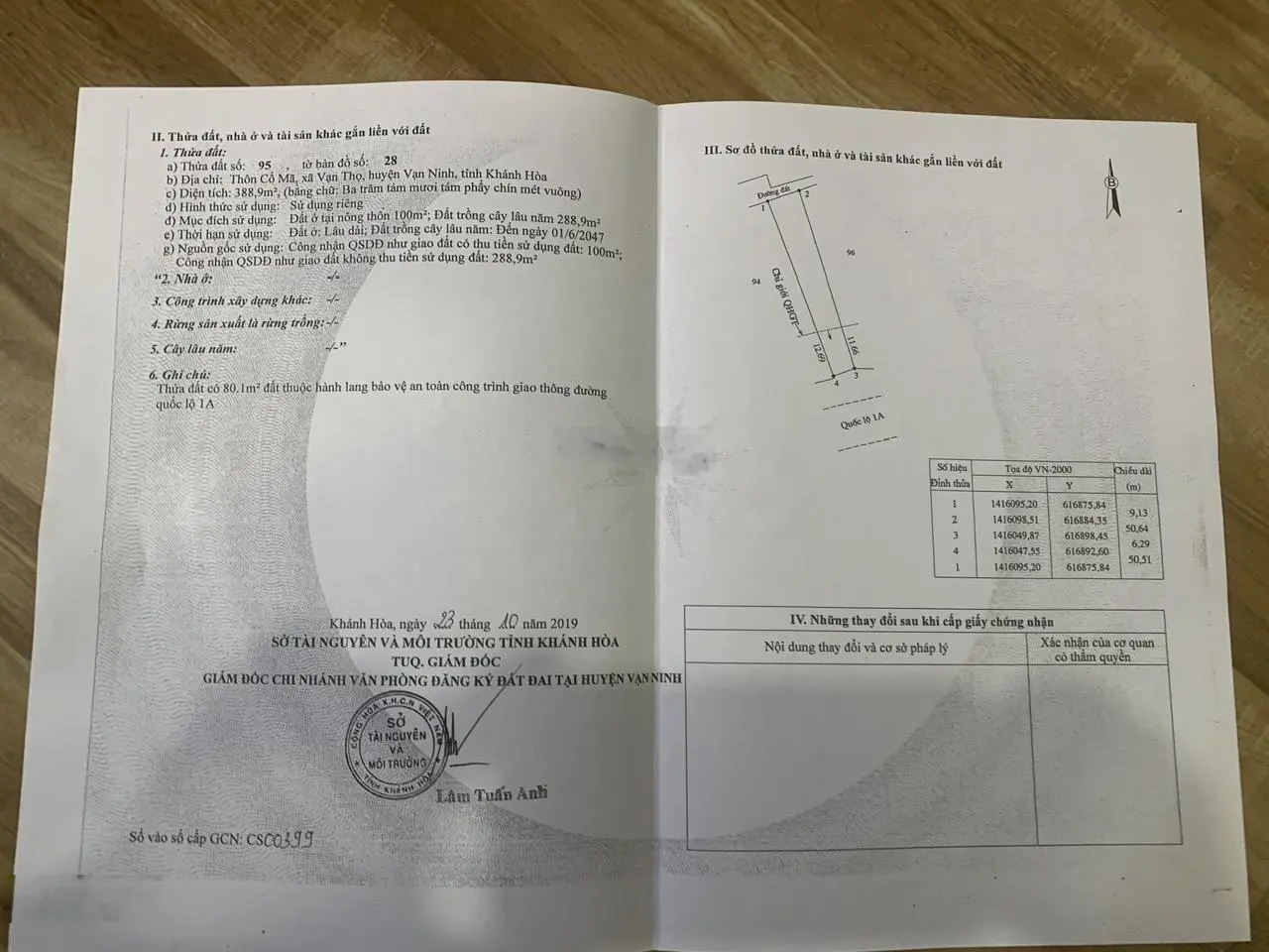 Bán đất mặt tiền Quốc Lộ 1A Vạn Thọ, Vạn Ninh, Khánh Hòa. DT: 389m2 giá 6.5tr/m2