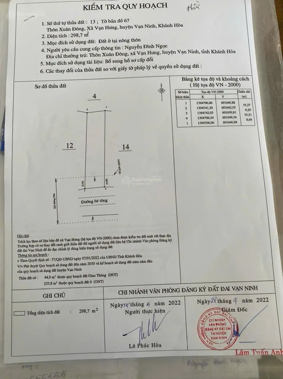 Cần tiền bán nhanh lô Vạn Ninh ngay Ngã 3 Xuân Đông 298m2 giá 2tỷ850 TL 0799 299 ***