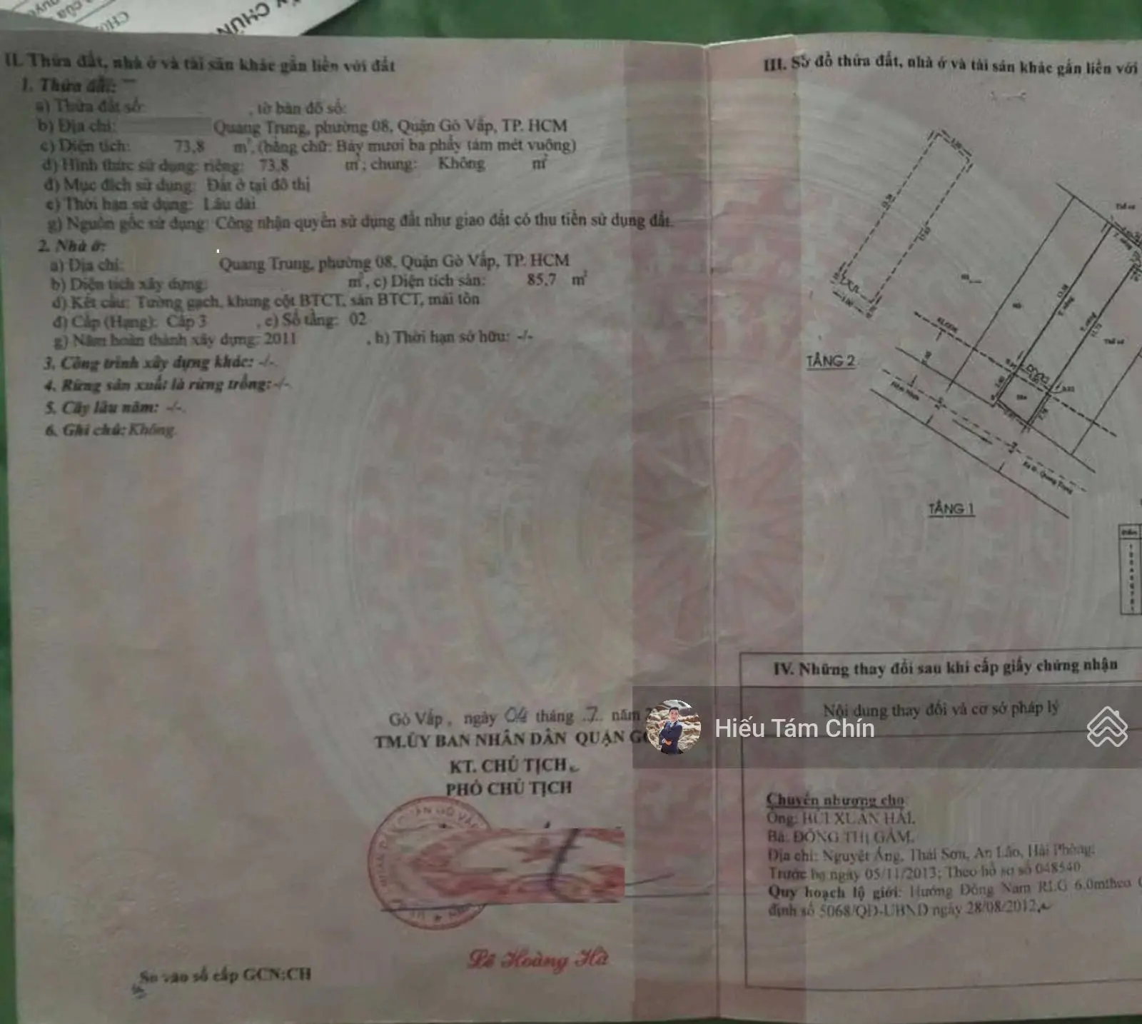 66tr/m2, 73.8m2, nở hậu 4.8m x 15m x 2 tầng, hẻm xe hơi thông GV3
