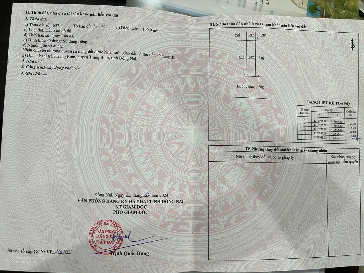 Bán đất tại thị trấn Trảng Bom, giá cực chất, 100m2 full thổ cư, pháp lý đầy đủ