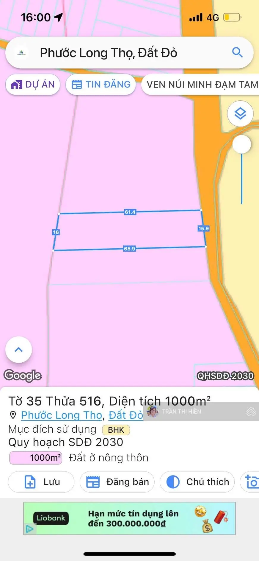 Phước Long Thọ - ngay Quốc Lộ 55 vô 1km - Đất Đỏ - BRVT - 1000m2 - 16x65m - đường nhựa