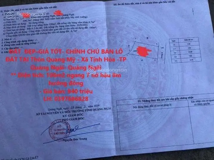 ĐẤT ĐẸPGIÁ TỐT- CHÍNH CHỦ BÁN LÔ ĐẤT TẠI Thôn Quang Mỹ - Xã Tịnh Hòa -TP Quảng Ngãi- Quảng Ngãi