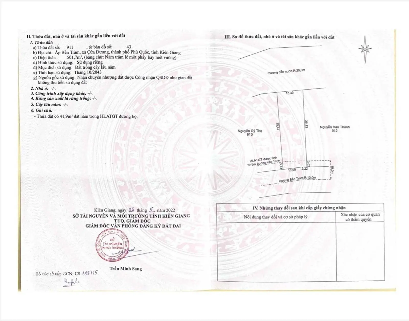 Bán lô đất ở 503m2 mặt tiền Đường Bến Tràm, chỉ cách quảng trường Hồ Chí Minh đúng 3km, giá cực tốt