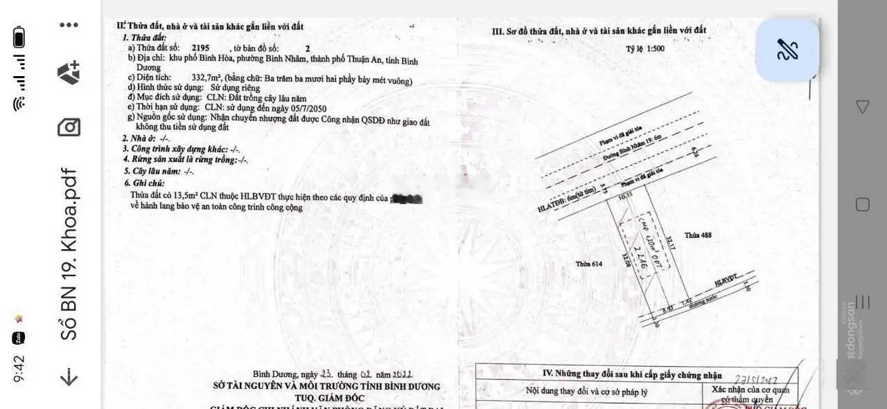 Cần bán đất sổ riêng mặt tiền nhựa Bình Nhâm 19