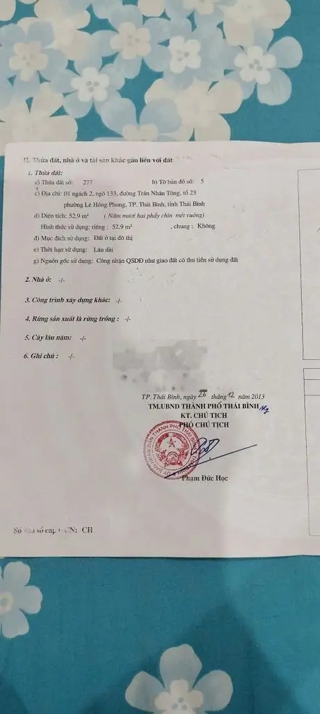 Đất thổ cư có sổ đỏ 53m2 đường Trần Nhân Tông, TP Thái Bình