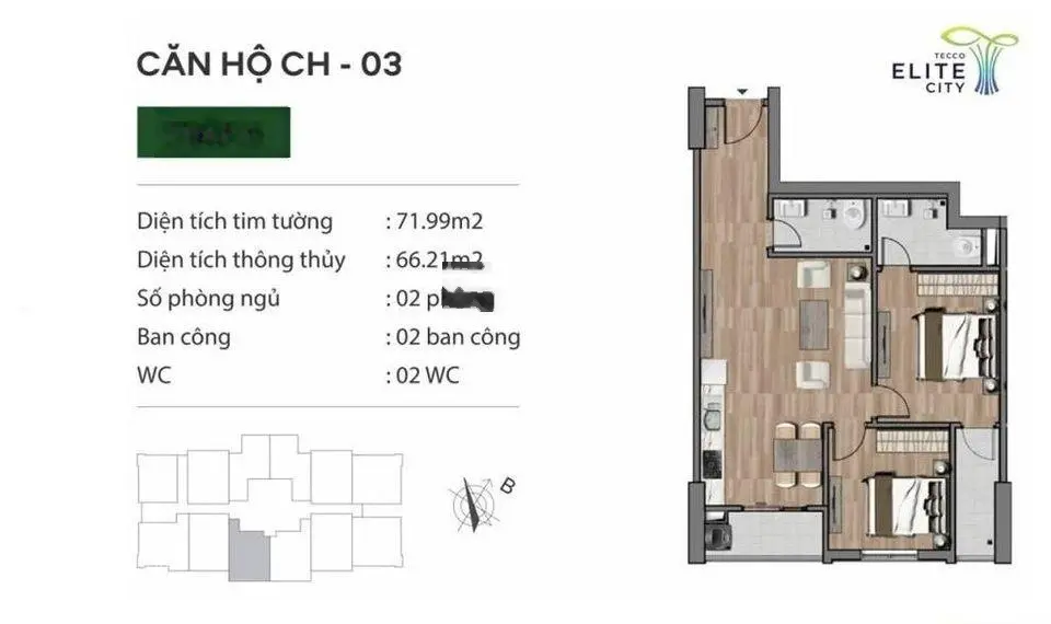 Căn hộ chung cư 3PN DT 82m2 giá 1,6 tỷ VND tại Tecco Elite City, Thái Nguyên