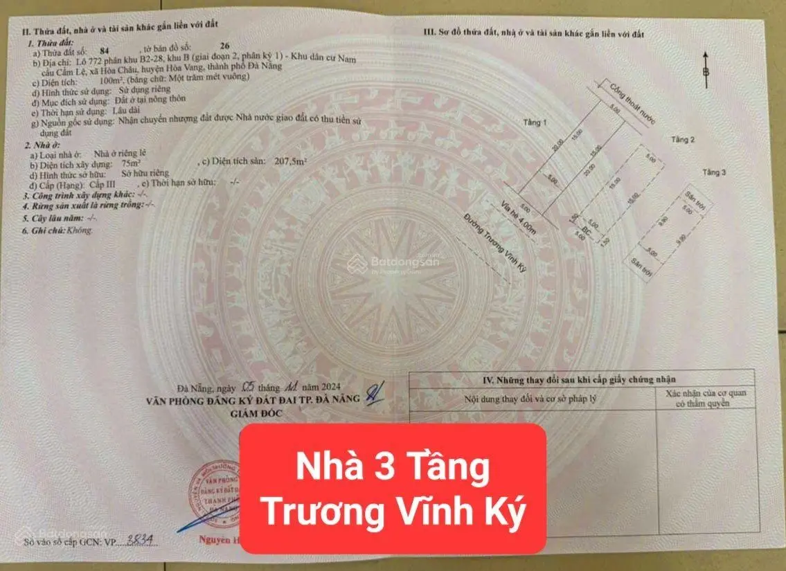 Cần bán nhà 3 tầng Trương Vĩnh Ký - Hòa Châu - Hòa Vang - Đà Nẵng