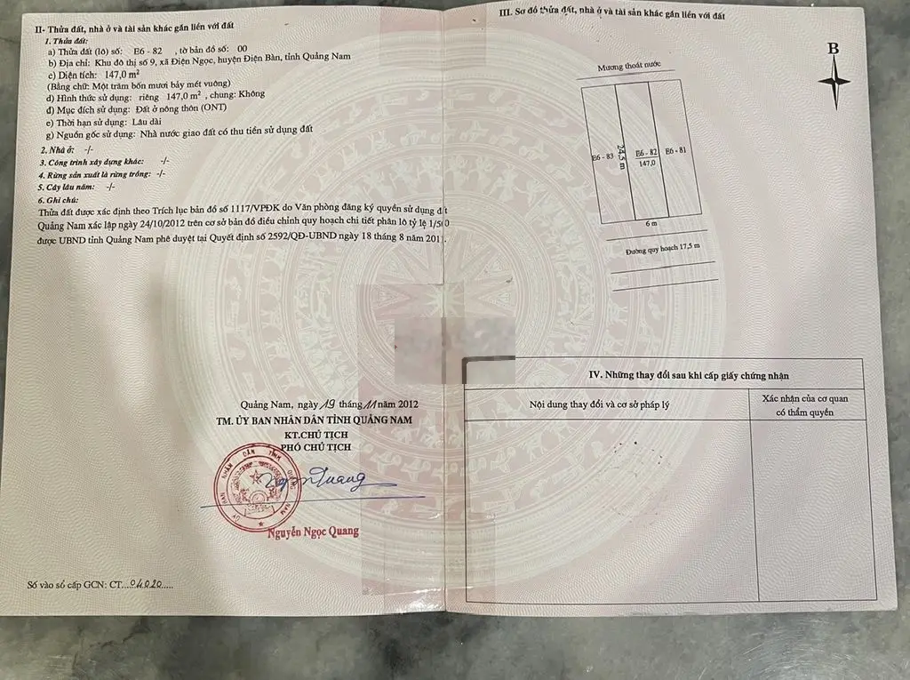 Đất sổ đỏ 147m2, Khu đô thị số 9, xã Điện Ngọc, huyện Điện Bàn