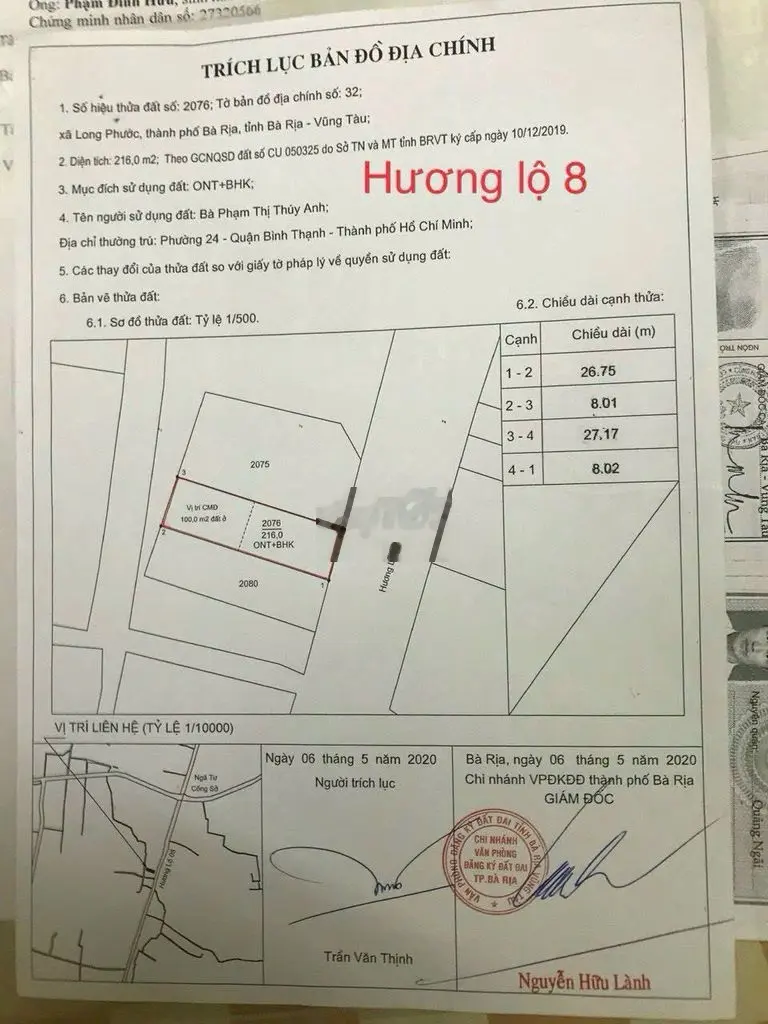 -Đất đẹp mặt tiền đường Hương Lộ 8 thuộc Long Phước TP. Bà Rịa