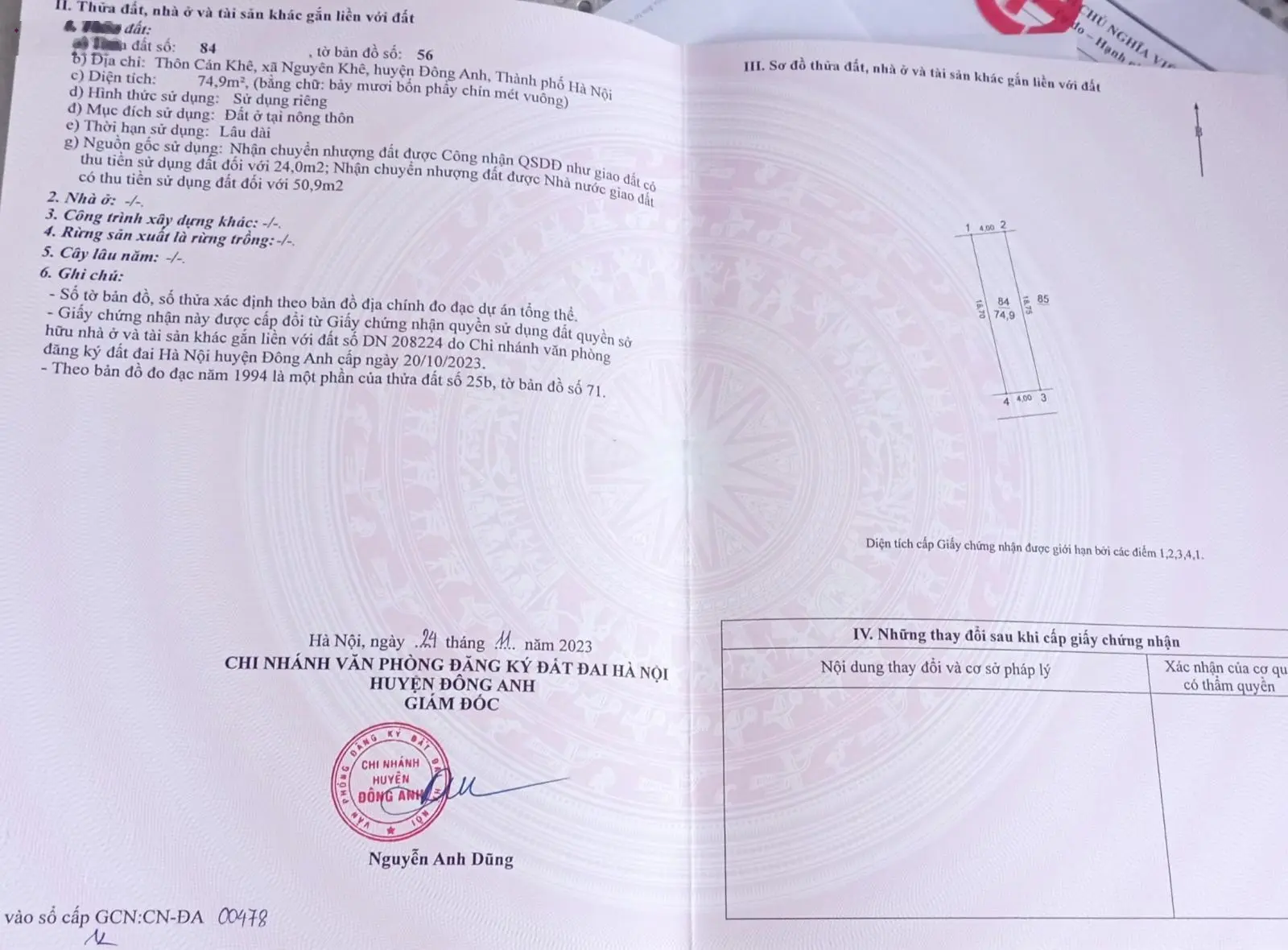 Bán 74m2 đất Nguyên Khê đường ôtô đỗ cửa, cách 50m ra đường nhựa