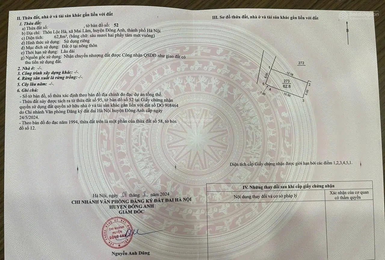 Bán 63m2 đất Lộc Hà - Mai Lâm - Đông Anh. MT 5m, đường rộng 3.5m, cách bìa làng 50m.
