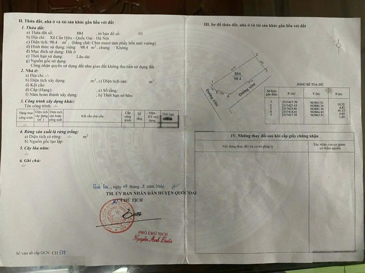 Bán lô đất tại Cấn Hữu, Quốc Oai. Diện tích 98.4m2, giá nhỉnh 2 tỷ. Lh Hữu Tuấn 0342 191 ***