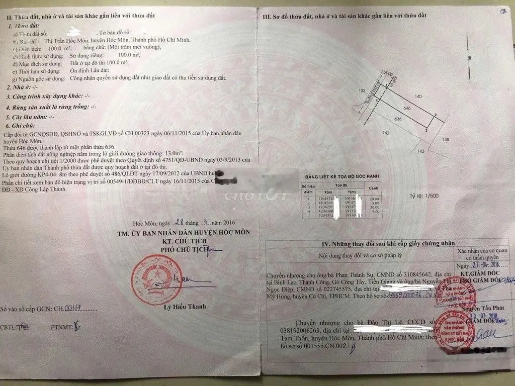 Cần tiền bán nhanh lô đất thổ cư đường Bà Triệu, Thị Trấn Hóc Môn 100m2 giá 1 tỷ 450 sổ hồng riêng