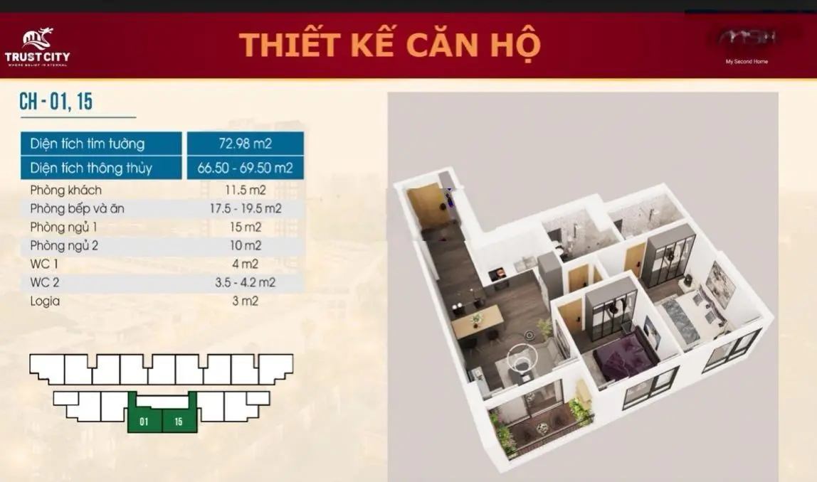 Căn góc ngoại giao 66,5m2 - 2PN - 2WC, ban công Đông Nam, cửa Tây Bắc