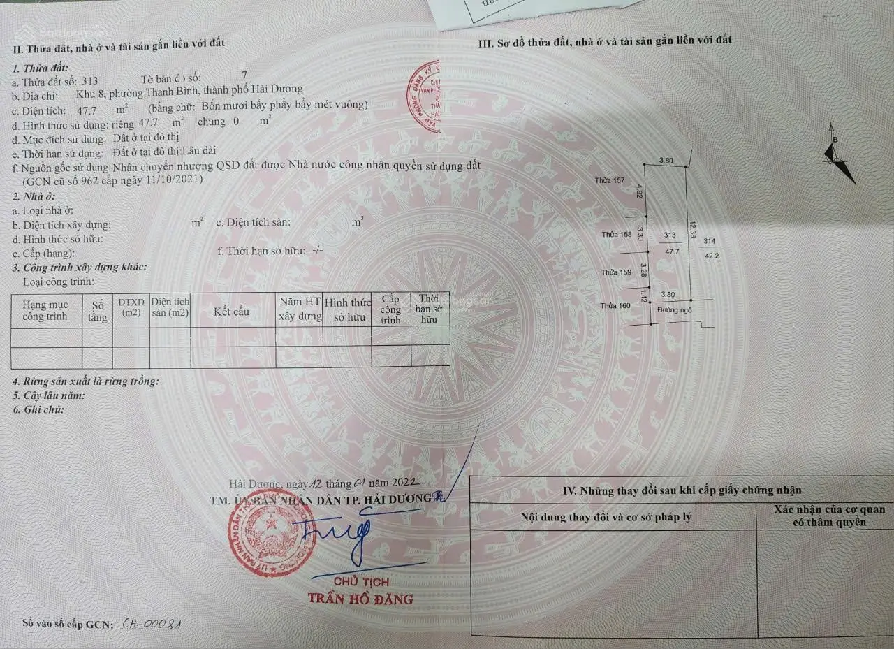 Cần bán lô đất ngõ phố 312 Nguyễn Lương Bằng thành phố Hải Dương