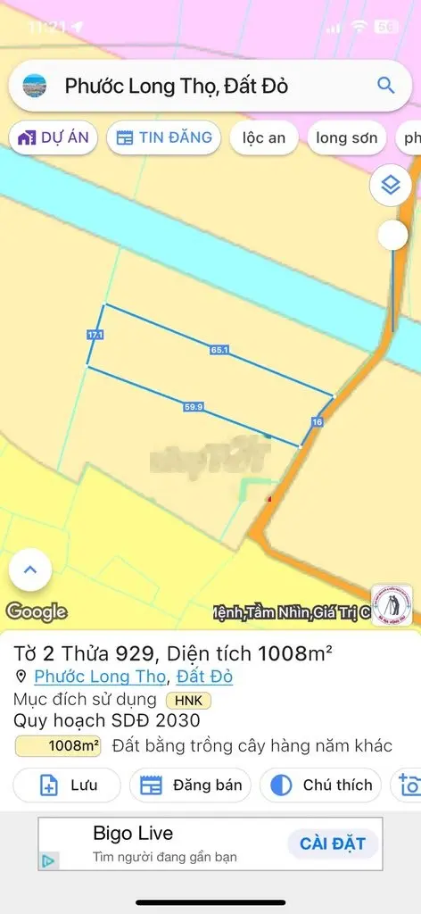 Cần bán 1 sào 16m mt khu dân cư xã Phước Long Thọ - Đất Đỏ chỉ 890tr