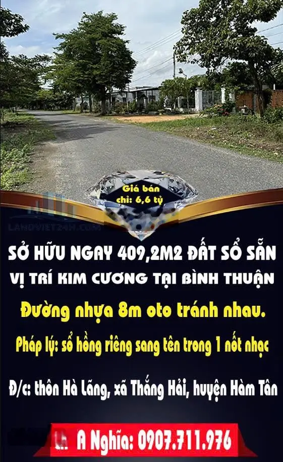 Chính chủ bán 409.2m đất vị trí Kim Cương duy nhất tại Bình Thuận giá siêu rẻ chỉ 6ty600tr