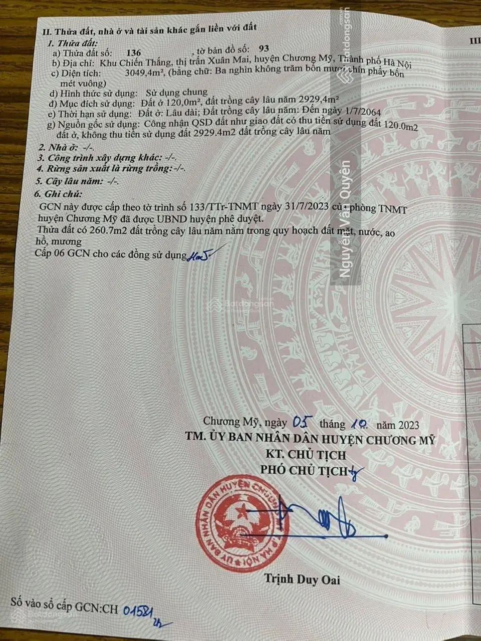 Bán đất tại Xuân Mai, Chương Mỹ. Diện tích 3049,4m2, giá thương lượng