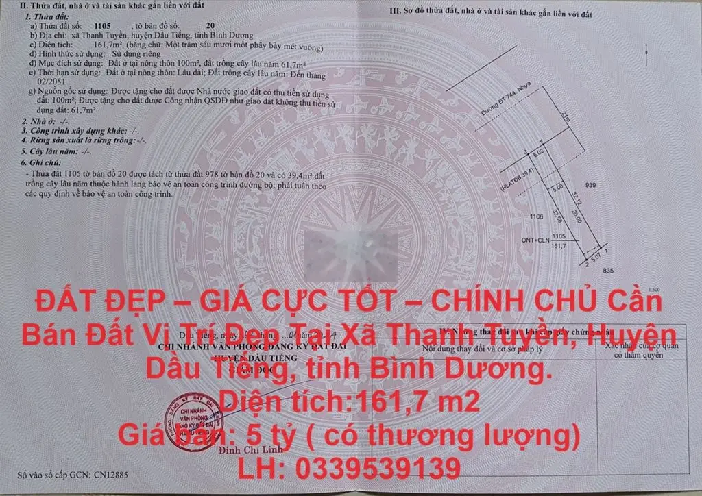 CHÍNH CHỦ Cần Bán Đất Vị Trí Đẹp Tại Dầu Tiếng, Bình Dương.