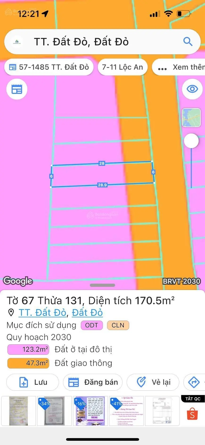 Mặt tiền Lương Thế Vinh - TT Đất Đỏ - BRVT; cách chợ chỉ 800m; DT 170,5m2 - sẵn 60m2 TC chỉ 1,25ty