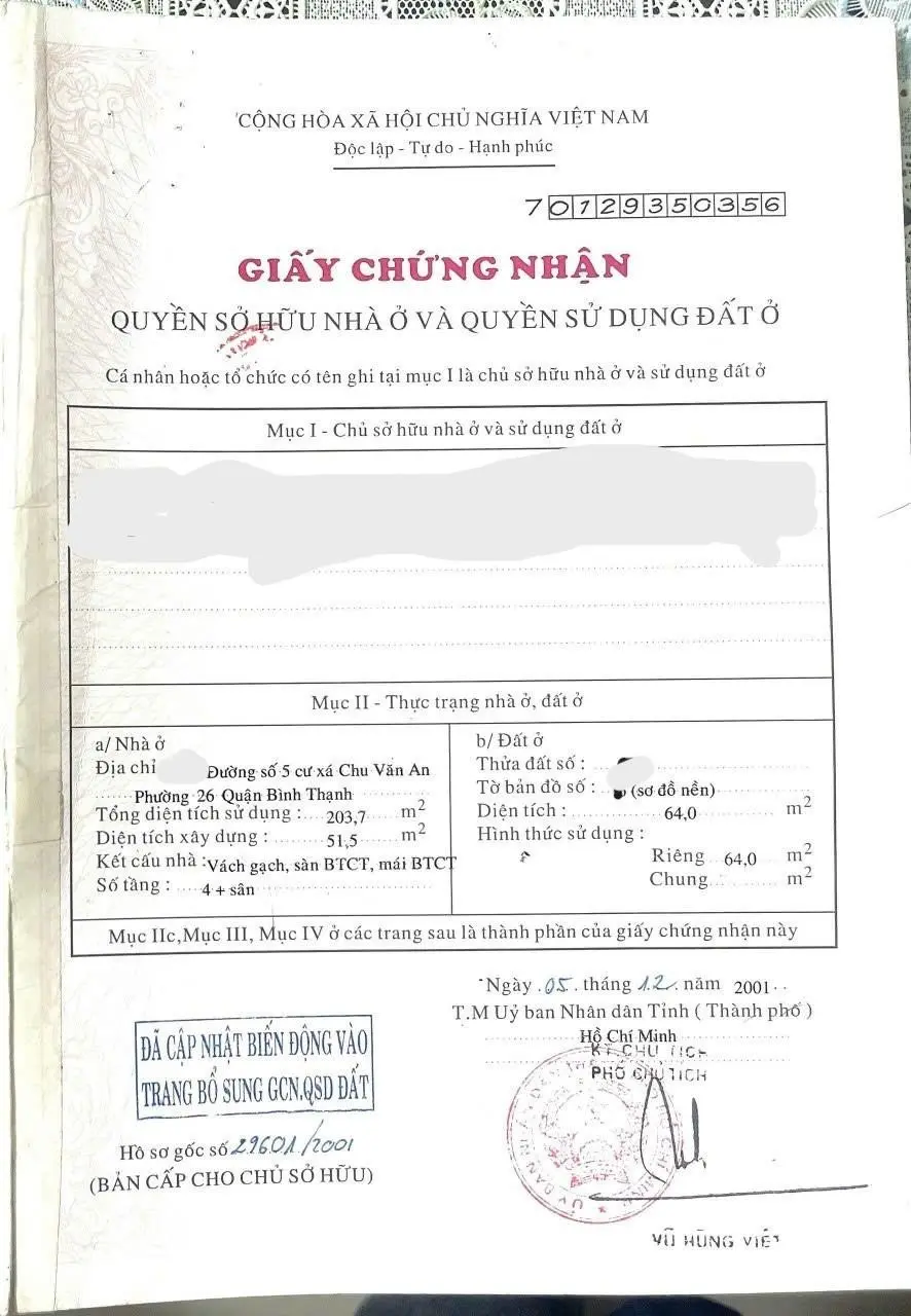 11.7 tỷ: MT Đg 5 Cư Xá Chu V An, P26, Bình Thạnh: 4x16, 4 lầu, 4pn, 3wc, nhà đẹp, tốt.